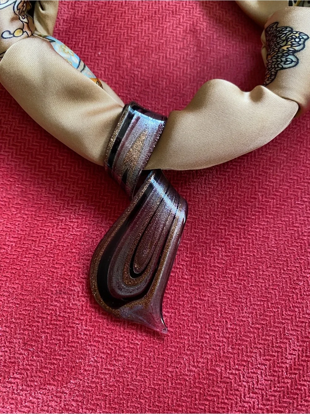 Repurposed glass pendant on new scarf! Tie to any length behind your neck.
